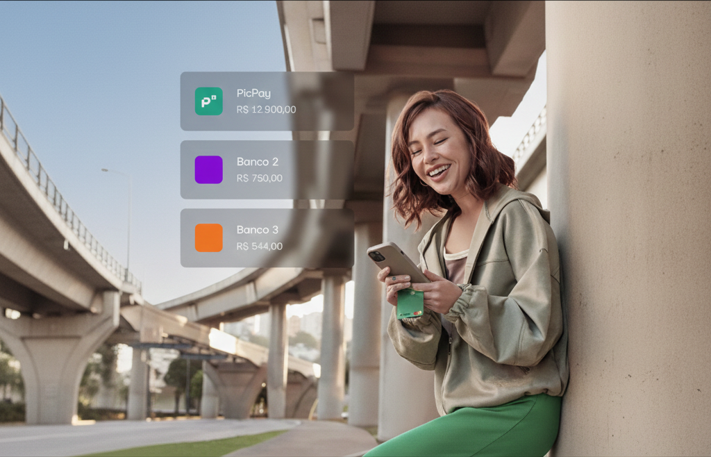 Mulher olhando para celular com sorriso enquanto acompanha sua conta bancária