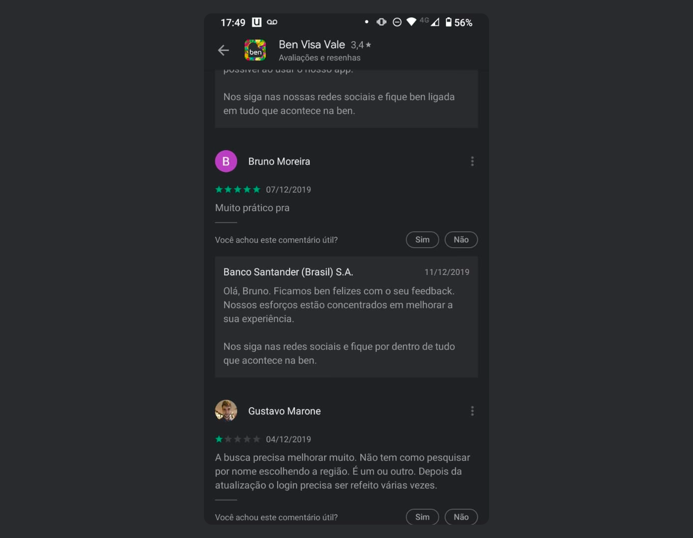 Painel de análise de comentários nas lojas com padrões identificados nos relatos negativos do app Ben.