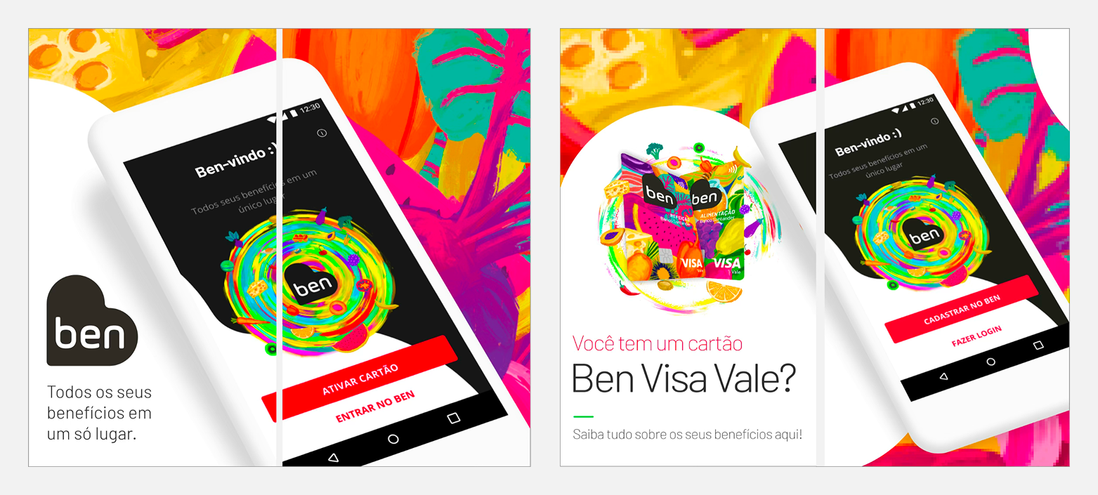 Comparativo entre a descrição original do app Ben nas lojas e a versão reescrita com clareza sobre o pré-requisito de uso.