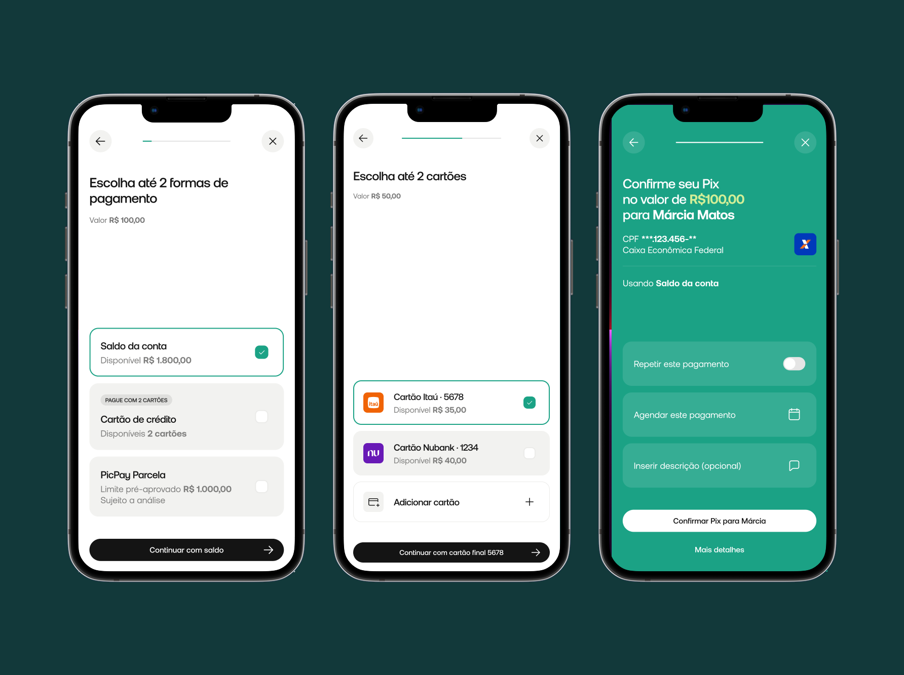 Telas do checkout step-by-step com etapas isoladas de escolha de forma de pagamento e parcelamento.