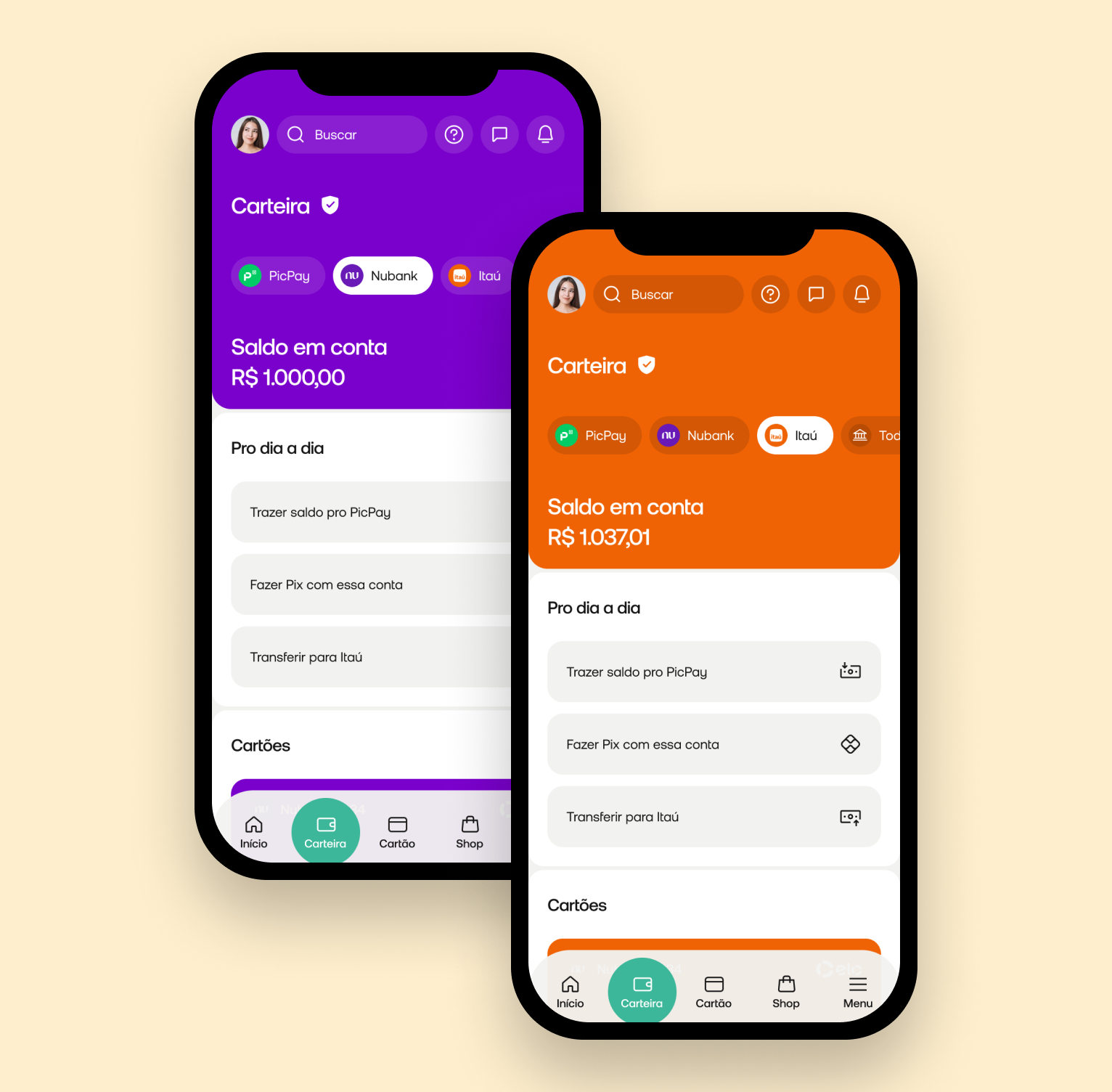 Aplicativo PicPay mudando de cor de fundo de acordo com a instituição financeira