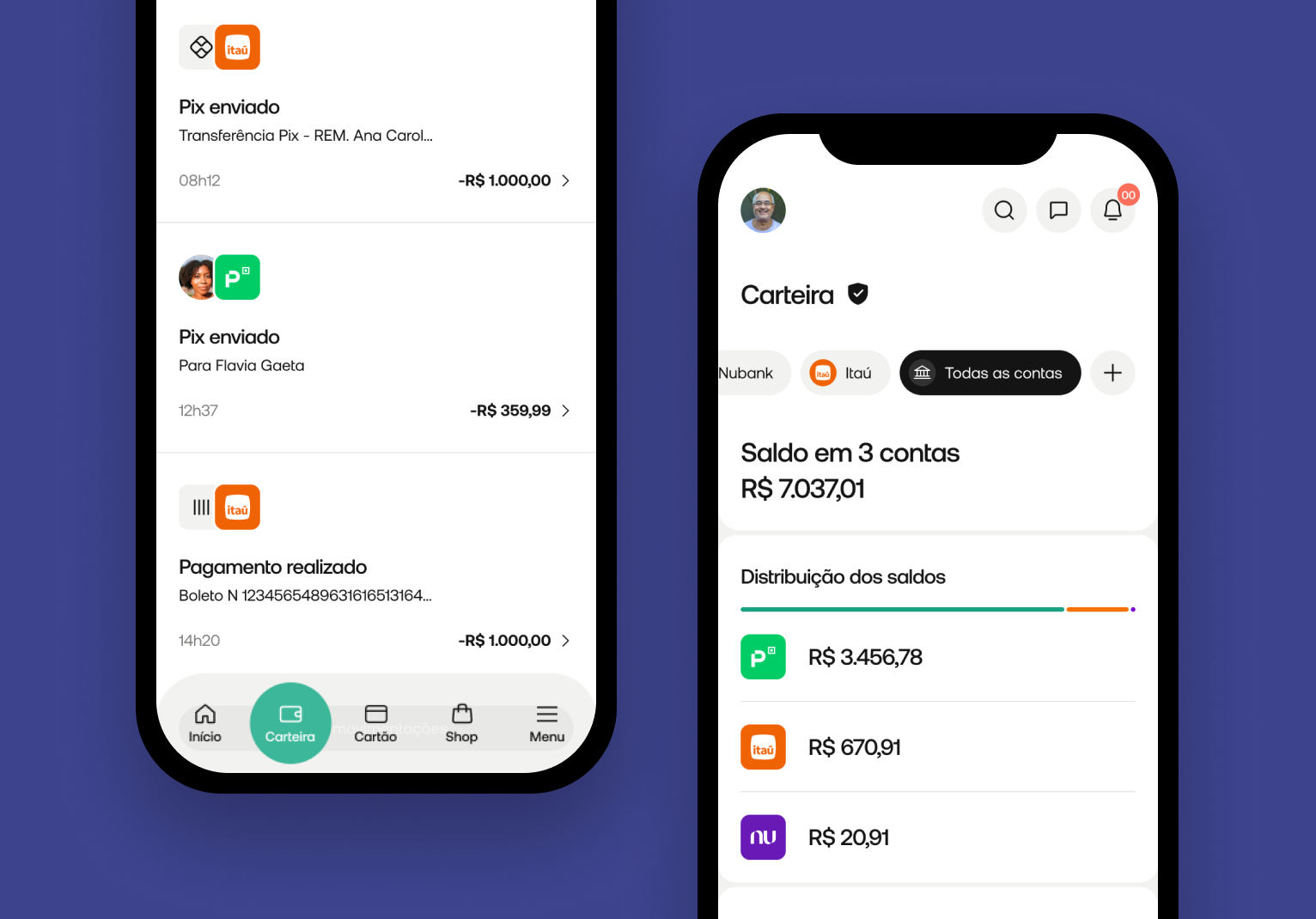Aplicativo PicPay com cores de instituições financeiras diferentes