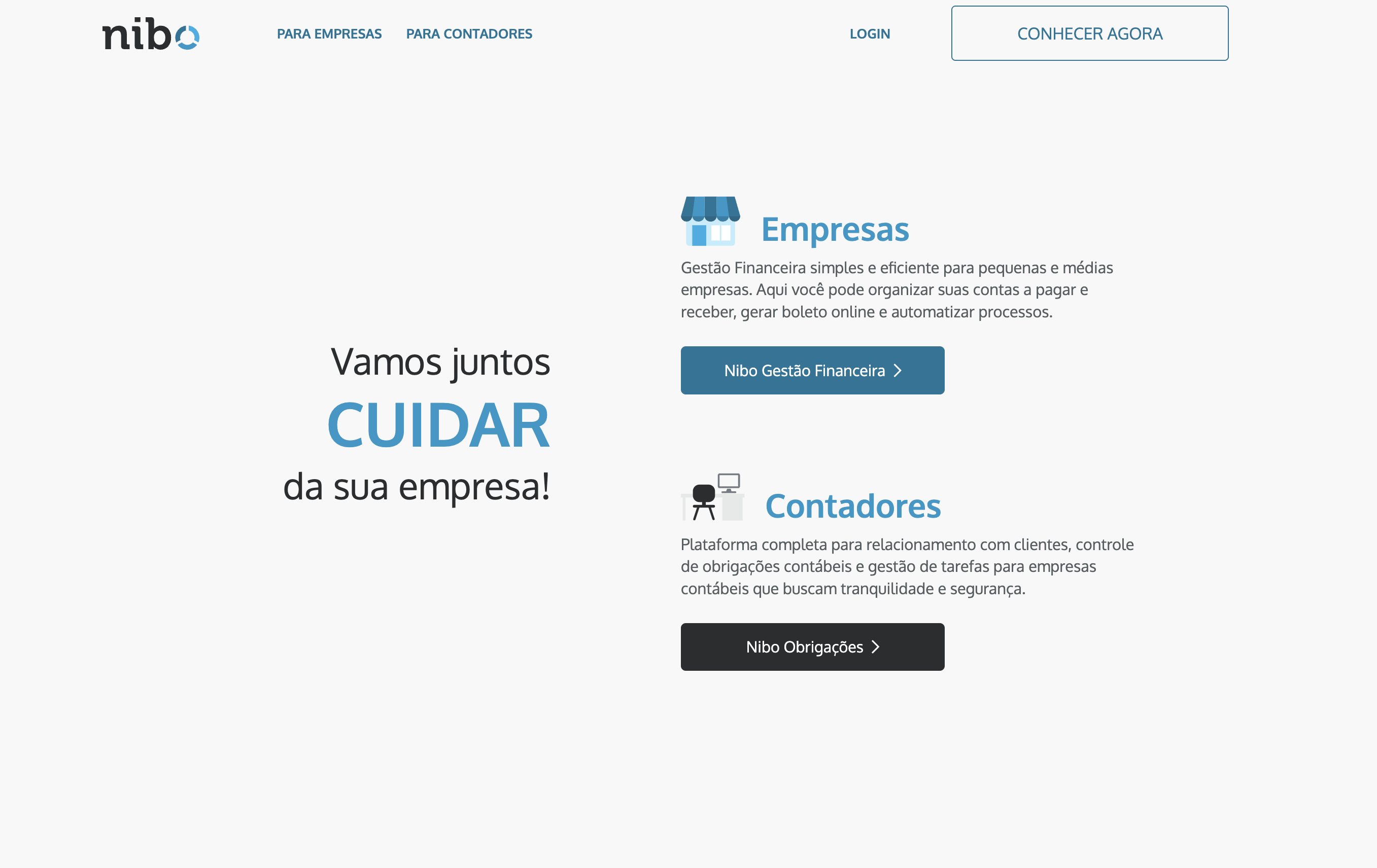 Páginas de produto da Nibo para os três segmentos, mostrando a consistência visual e a variação de linguagem por público.