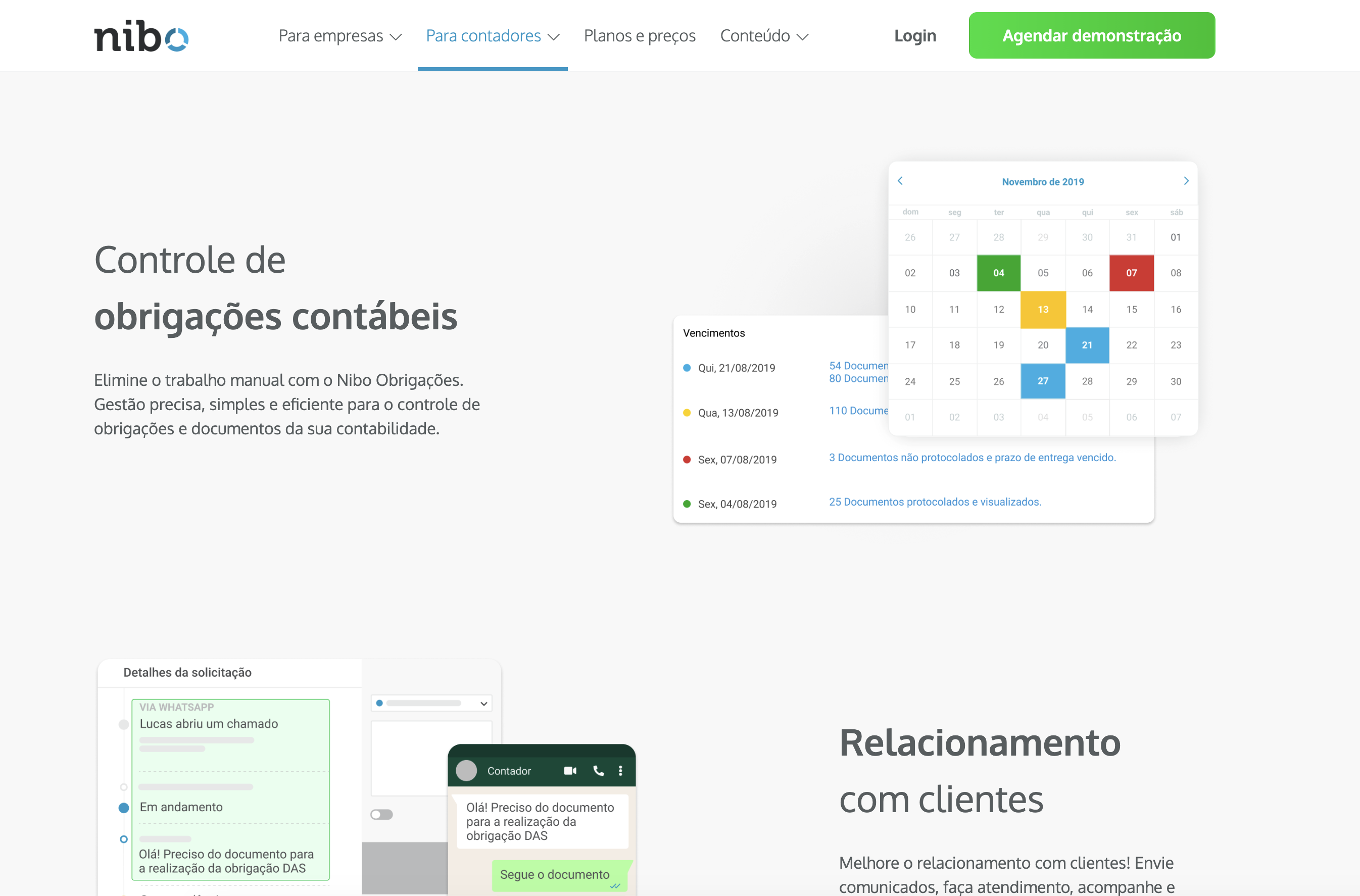 Componentes do sistema de design do site da Nibo, com variações de linguagem e hierarquia visual por segmento.